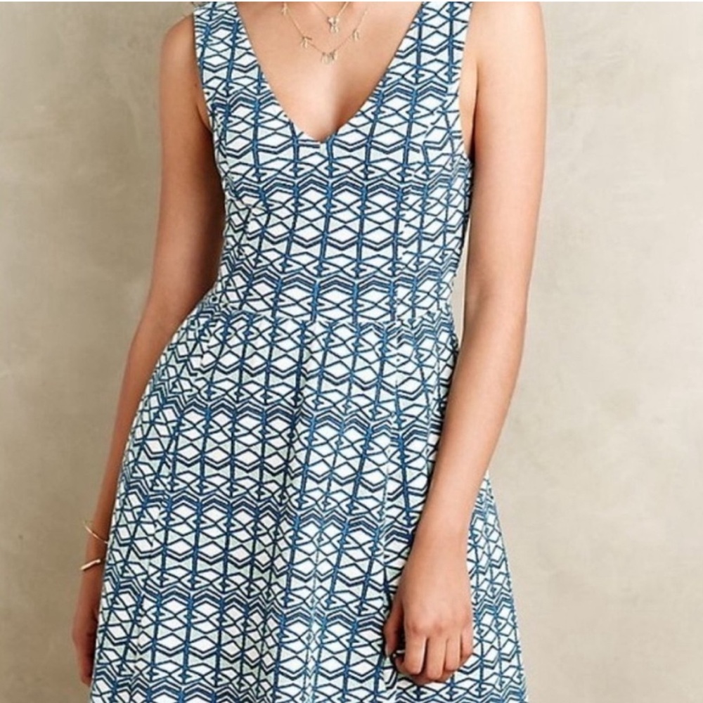 Anthropologie Maeve Green/Blue Motif Print Cutout Skater Fit Flare Dress Size 12